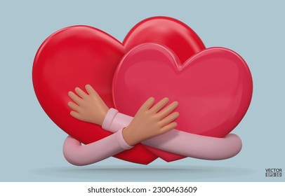 Two hearts with Hand embracing. Cartoon hearts embrace minimalism design. Hands hugging two hearts with love, romance, friendship. Valentine's day, Love yourself. 3D vector illustration.