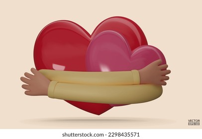 Dos corazones con la mano abrazándose en el fondo. Los corazones de los dibujos animados adoptan el diseño minimalista. Manos abrazando corazones con amor, romance, amistad. Día de San Valentín, Ama. Ilustración vectorial 3D.
