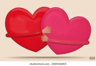 Two hearts with Hand embracing on background. Cartoon hearts embrace minimalism design.Hands hugging two hearts with love, romance,friendship. Valentine's day, Love yourself. 3D vector illustration.
