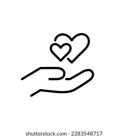 Zwei Herzen in der Hand. Liebe und romantische Beziehung. Pixel perfektes, bearbeitbares Strichzeilensymbol