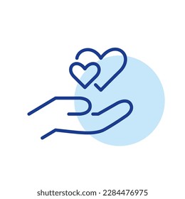 Two hearts in hand. Loving and romantic relationship. Pixel perfect, editable stroke icon