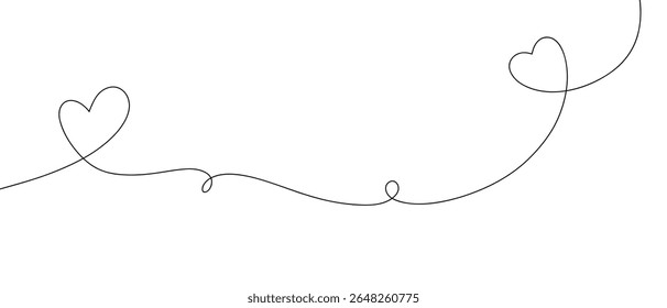 Dois corações são desenhados à mão em uma linha contínua sem fim com redemoinhos, vetor. Fundo festivo abstrato para convites, cartões postais, descontos com um lugar para texto. Um símbolo de romance, amor