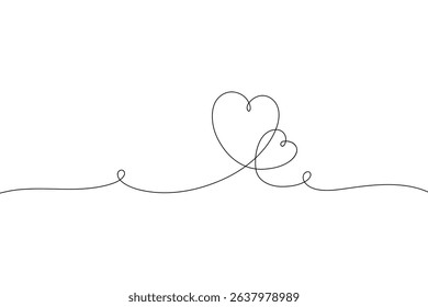 Two hearts are hand-drawn in one endless continuous line, a symbol of love, a vector, a festive background. A romantic element for valentines, weddings, decorations, invitations. Graphic heart shape