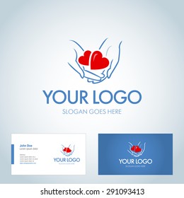 Two hearts in hands. Logotype design. Medical logo design template with business card design. Vector illustration.