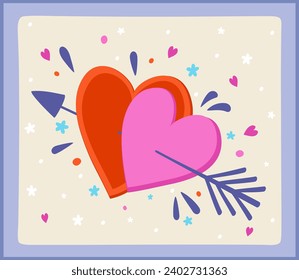 Two hearts held together by an arrow. Happy Valentine's Day. Vector illustration.