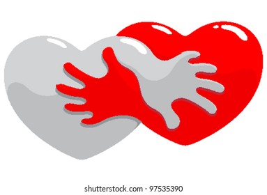 Two hearts holding each other passionately with their hands symbolizing love, drawn as vector illustration.