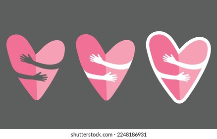 Two hearts hug each other. Couple in love concept, international hug day, illustration, vector, icon.