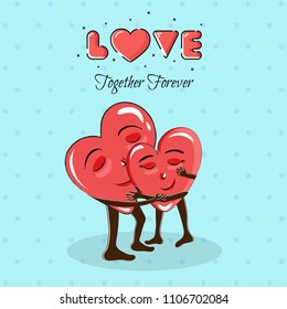 Dos corazones abrazándose, abrazándose, pareja en concepto de amor. Diseño de tarjetas de felicitación.