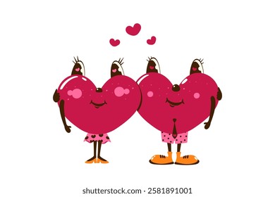 Two hearts hugging. Funny characters, Valentine's Day, declaration of love. Vector illustration.