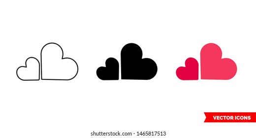 Two hearts icon of 3 types: color, black and white, outline. Isolated vector sign symbol.