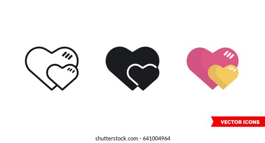 Two hearts icon of 3 types: color, black and white, outline. Isolated vector sign symbol.