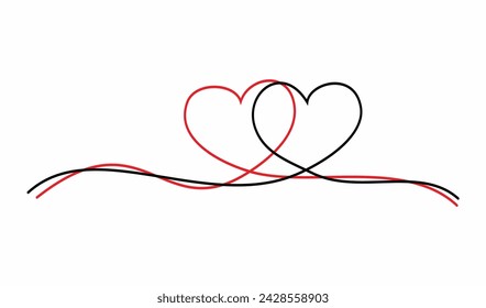 Two hearts icon linked each other. Red line heart and black line heart collide. Simple and minimalist hearts design element. 