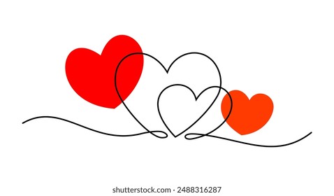 Icono de dos corazones hecho de una línea continua y dos corazones rojos manchados. Dibujo a mano símbolo de amor.
