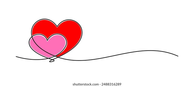 Icono de dos corazones hecho de una línea continua y dos corazones rojos manchados. Dibujo a mano símbolo de amor.