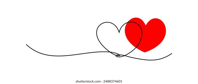 Two hearts icon made from one continuous line and red heart spotted. Hand drawing love symbol.