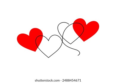 Two hearts icon made from one continuous line and red heart spotted. Hand drawing love symbol.