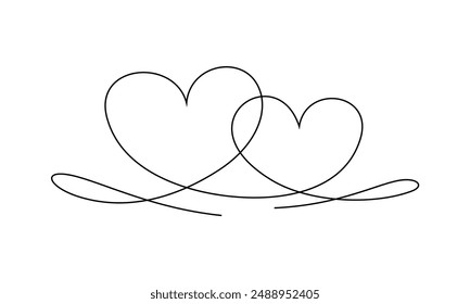 Two hearts icon from single continuous line. Hand drawing love symbol.