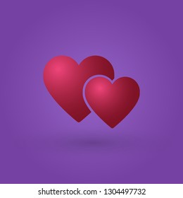 Two hearts icon, together love red symbol. Vector illustration isolated on purple