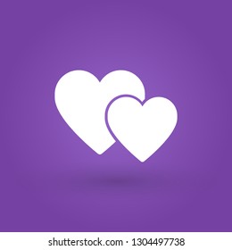 Two hearts icon, together love white symbol. Vector illustration isolated on purple.