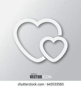 Two hearts icon in white style with shadow isolated on grey background. For your design, logo. Vector illustration.