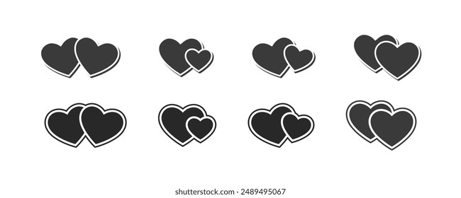 Two hearts icons set. Black hearts in different pose. Collection of heart illustration with different style. Healthy, Medicine, Hospital, Love, Romantic, Joy, Joined, Pair, Together. Vector eps10