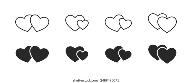 Two hearts icons set. Black hearts in different pose. Collection of heart illustration with different style. Healthy, Medicine, Hospital, Love, Romantic, Joy, Joined, Pair, Together. Vector eps10