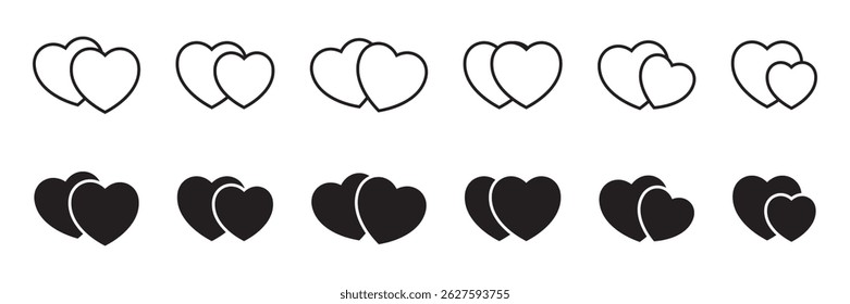 Two hearts icons set. Hearts in different pose. Healthy or medicine, love or romantic design element.