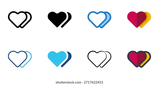 Two hearts icons set multiple style collection. Editable stroke 
