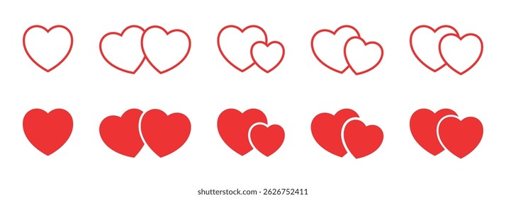 Two hearts icons set. Red hearts in different pose. Healthy or medicine, love or romantic design element.