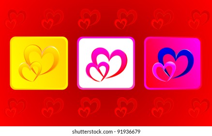 Two hearts illustration in three variations against red background
