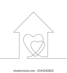 Dos corazones dentro de la casa hechos de una línea delgada, concepto de amor y familia, dibujo de una línea de Ilustración vectorial minimalista continua 