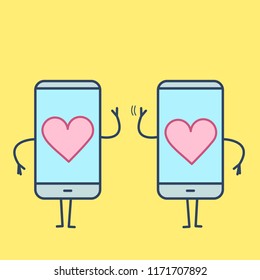 Two hearts inside smartphones. Vector concept illustration of heart caged in modern technology | flat design linear infographic icon on yellow background