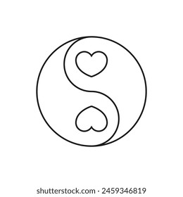 Dos corazones dentro de yin yang. Vector de contorno sobre fondo blanco.