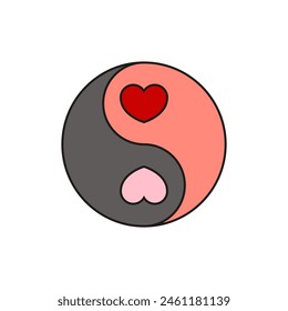 Dos corazones dentro de yin yang. Vector de contorno sobre fondo blanco.