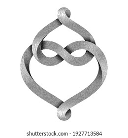 Two Hearts Intertwine, Forming An Infinity Sign Made Of Stippled Möbius Strip. Symbol Of Eternal Love. Vector Illustration Isolated On A White Background.