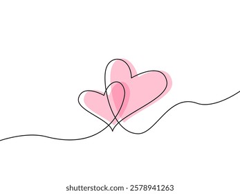 two hearts intertwined drawn with one continuous line. concept of love and valentine's day. vector illustration on white background