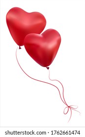 Two hearts isolated on a white background. A pair of balloons in the shape of hearts fly up. Their ropes are tied with a bow. 3D. Vector. EPS10