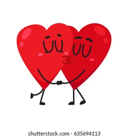 Two hearts kissing each other, holding hands, couple in love concept, cartoon vector illustration on white background. Funny couple of hearts kissing, eternal love concept, Valentine day