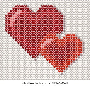 Two hearts knitted valentines card, vector illustration