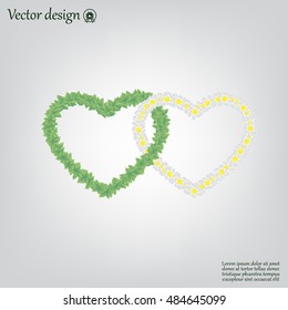 two hearts from leaves and daisies, vector icon
