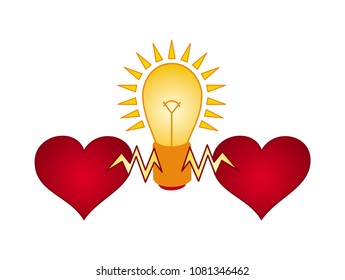 Two hearts light a light bulb. A symbol of love. A metaphorical drawing. Vector graphics.