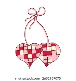 Two hearts like cherries sparkle with a bow in coquette aesthetics. Festive element for Valentine's Day. Vector illustration in doodle style for decoration, stickers for invitations and scrapbooks.