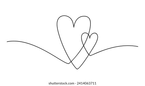 Two Hearts line art. St. Valentine's Day. Abstract Love symbol. Continuous one line drawing. Love, romance, wedding, Together, love relationship concept. Line art for poster, banner, emblem, sticker.