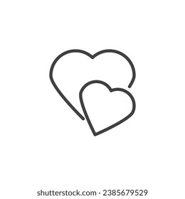 Zwei Herzen reihen sich in eine Ikone. lineares Stilzeichen für mobiles Konzept und Webdesign. Kleines und großes Herz Umriss Vektorsymbol. Liebessymbol, Logo-Illustration. Vektorgrafik