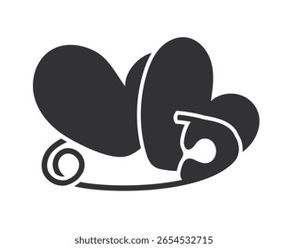 Two hearts linked by a safety pin. A minimalist vector illustration embodying love, connection, safety, and support. Suitable for health, family, and social themes.