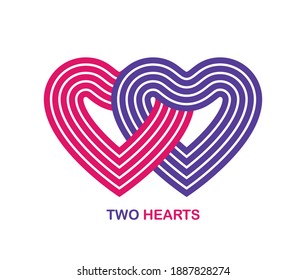 Two hearts linked to each other vector geometric linear logo isolated on white background, best emblem for charity or couple in live wedding or community or connection.