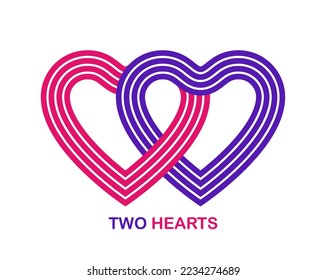 Dos corazones unidos entre sí con el logo lineal geométrico vector aislado en fondo blanco, mejor emblema para caridad o pareja en boda real o comunidad o conexión.