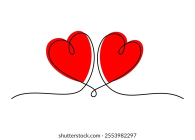 Two hearts linked with one hand drawing. One linked hand drawing of two hearts connected and red heart spotted.