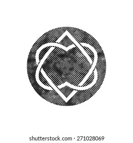 Two hearts linked vector symbol with pixel print halftone dots texture.
