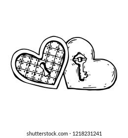Two hearts with lock and key in doodle style. Love concept. Hand drawn vector illustration isolated on white background